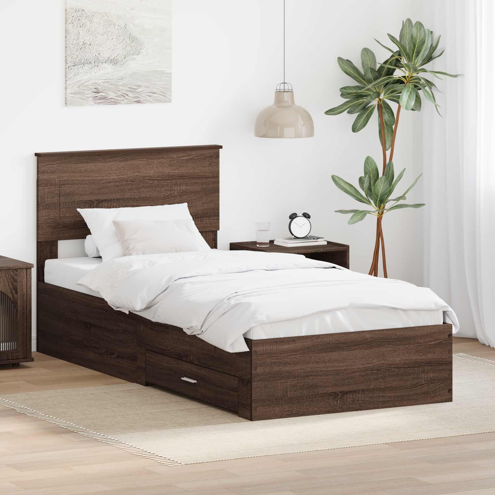 Sengestel med opbevaring - brun eg/sølv, 75 x 190 cm, konstrueret træ