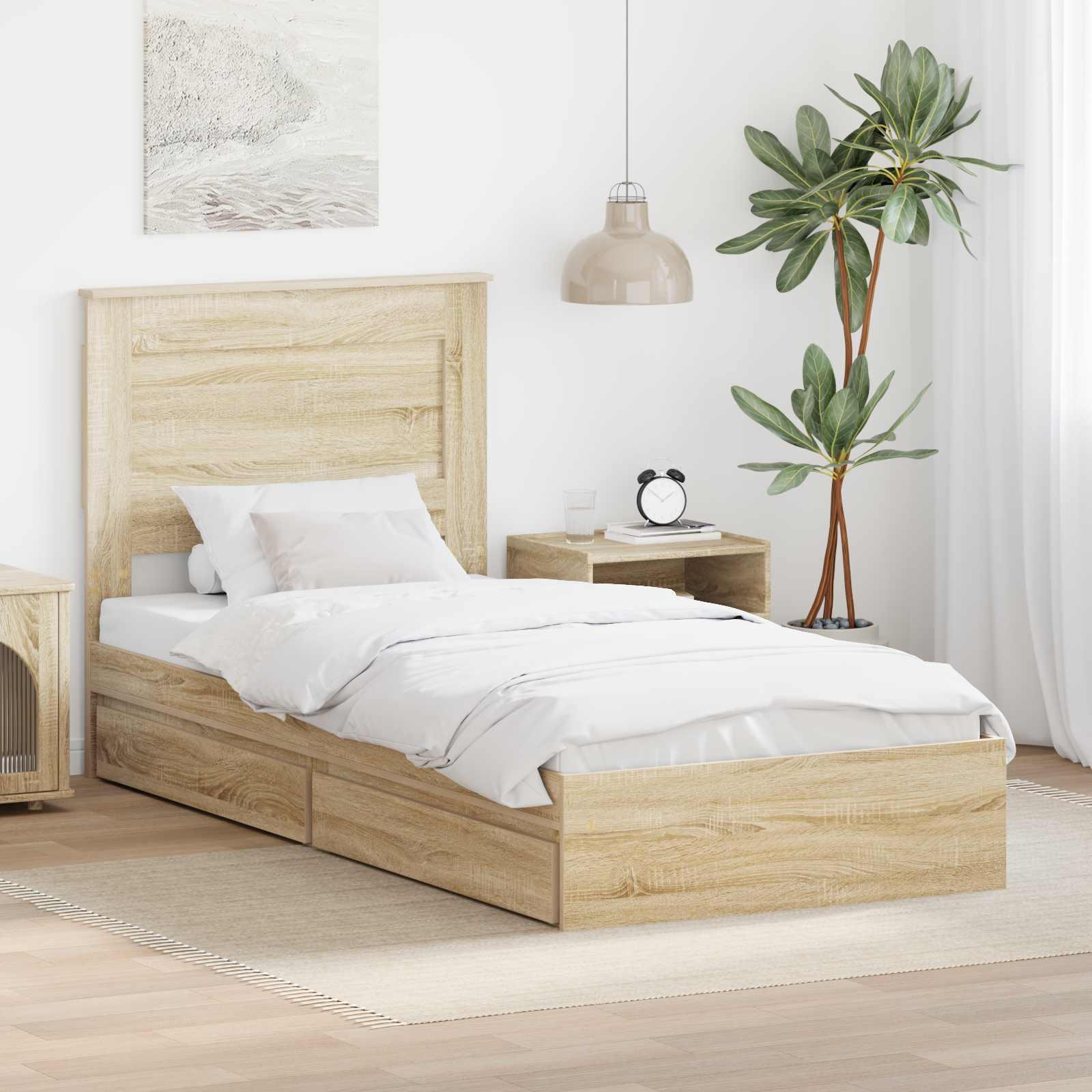 Opbevaringsseng 100 x 200 cm - sonoma eg, konstrueret træ med gavl og skuffer