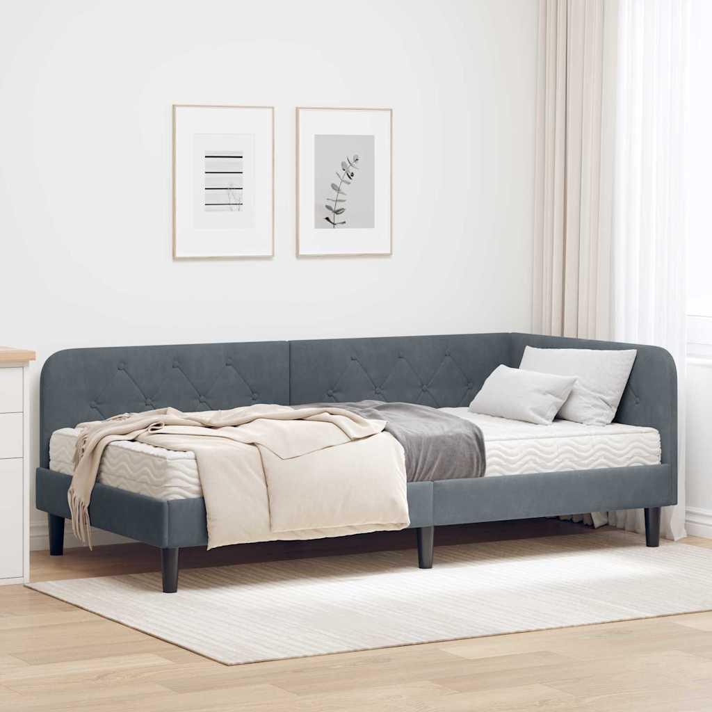 Hjørnesengramme med madras Mørkegrå 100 x 200 cm Fløjl