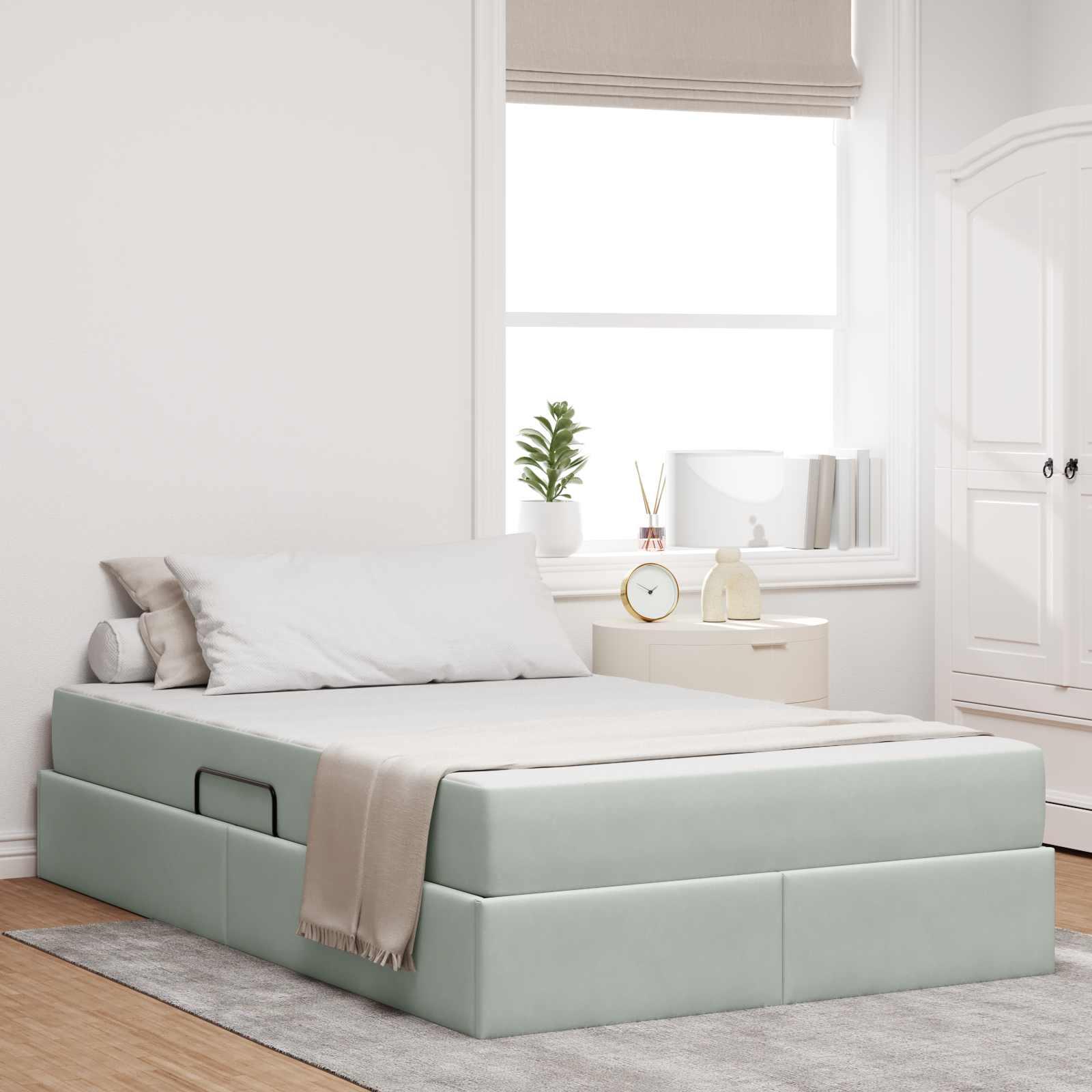 Seng Med Opbevaring Og Madras Fløjl - Lysegrå / 120 x 190 cm