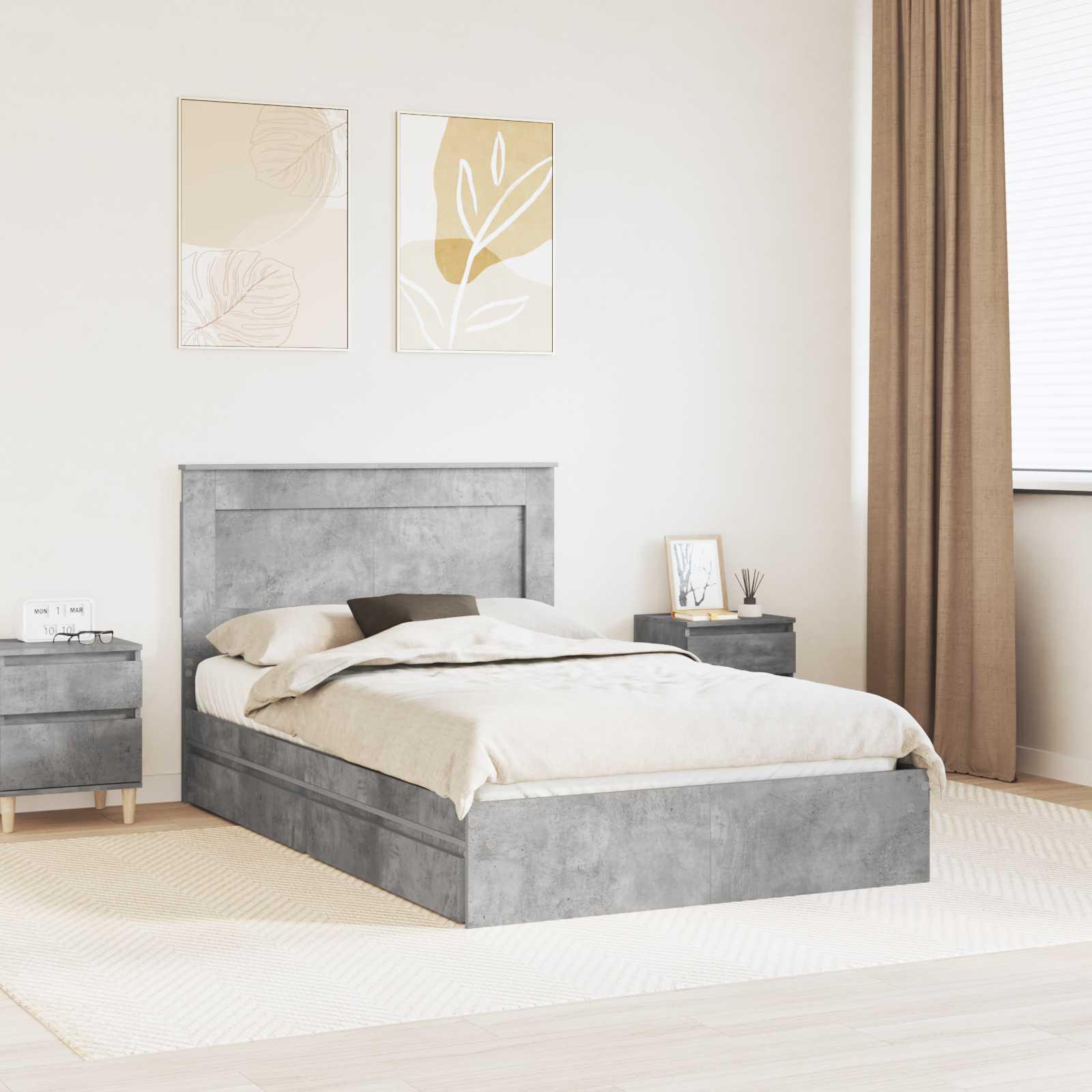 Sengestel med skuffe Beton Grå 135 x 190 cm Konstrueret træ