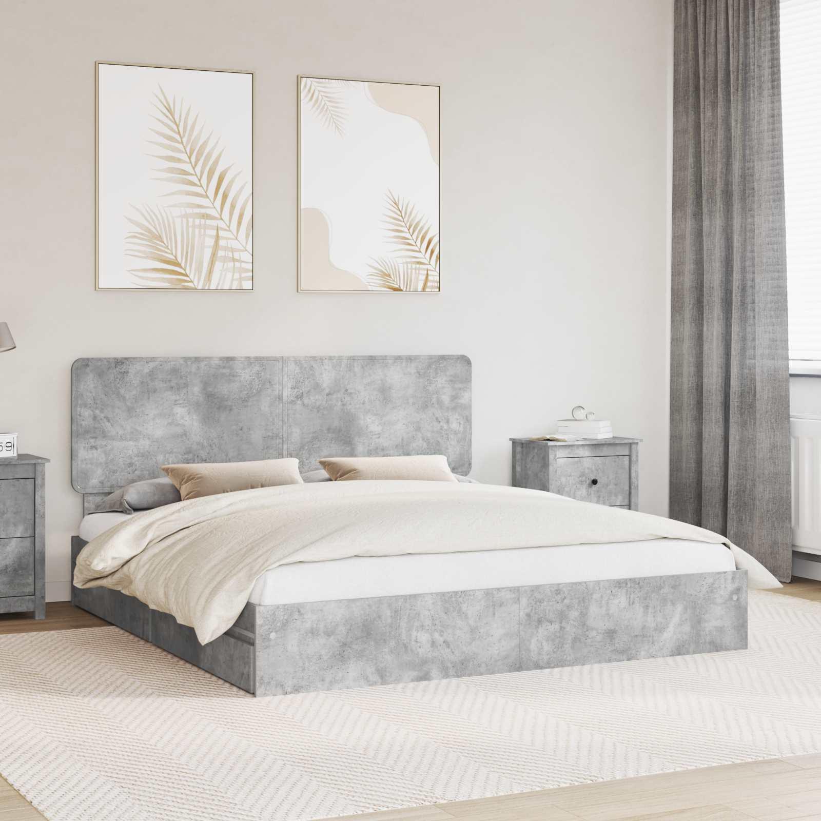 Sengestel med skuffe Beton Grå 200 x 200 cm Konstrueret træ