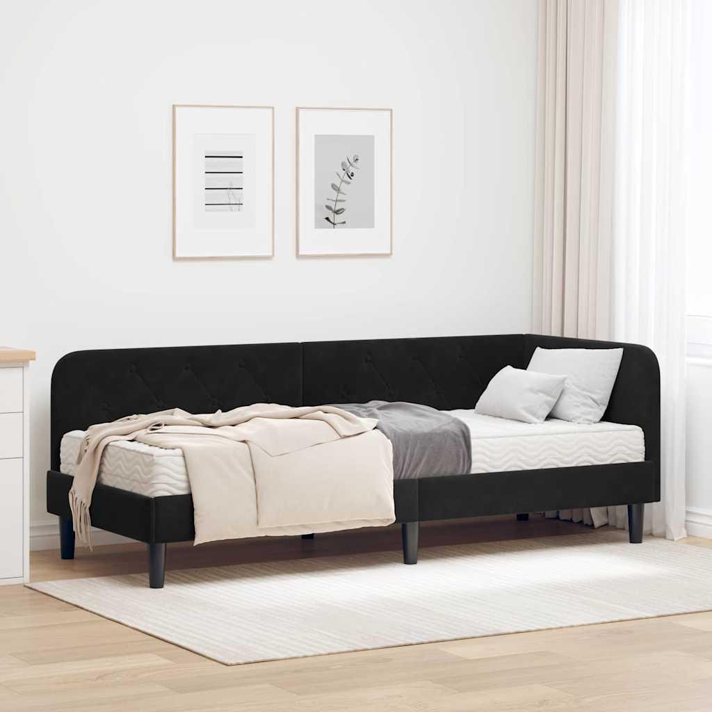 Hjørnesengramme med madras Sort 80 x 200 cm Fløjl