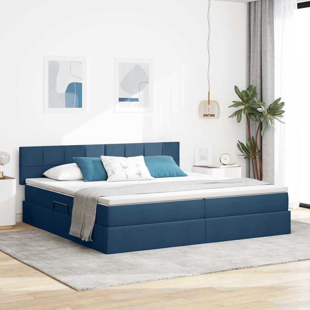 Seng Med Opbevaring Og Madras Med Madras - Blå / 200 x 200 cm / Block med firkanter