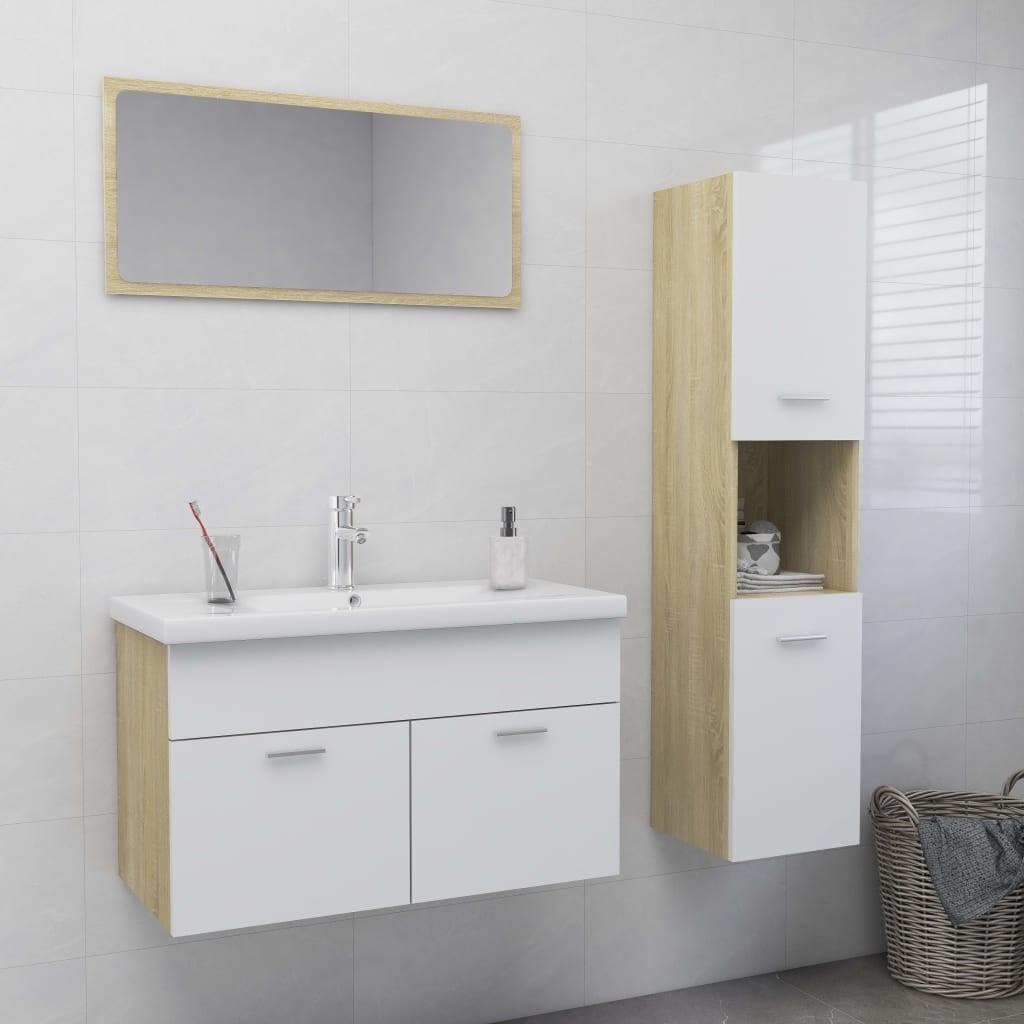 Badeværelsesmøbelsæt spånplader hvid og sonoma-eg