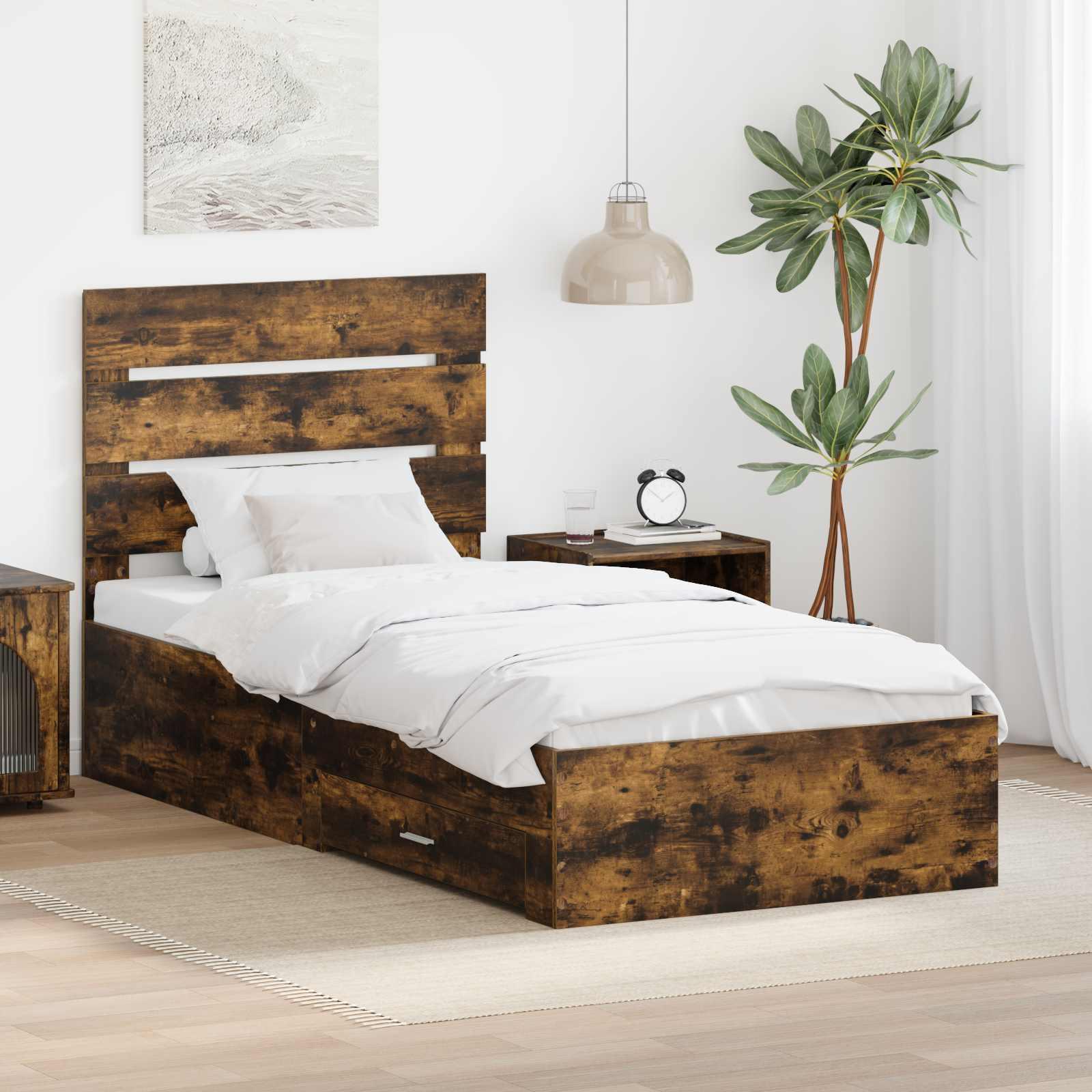 Opbevaringsseng i røget eg/sølv 75 × 190 cm - konstrueret træ