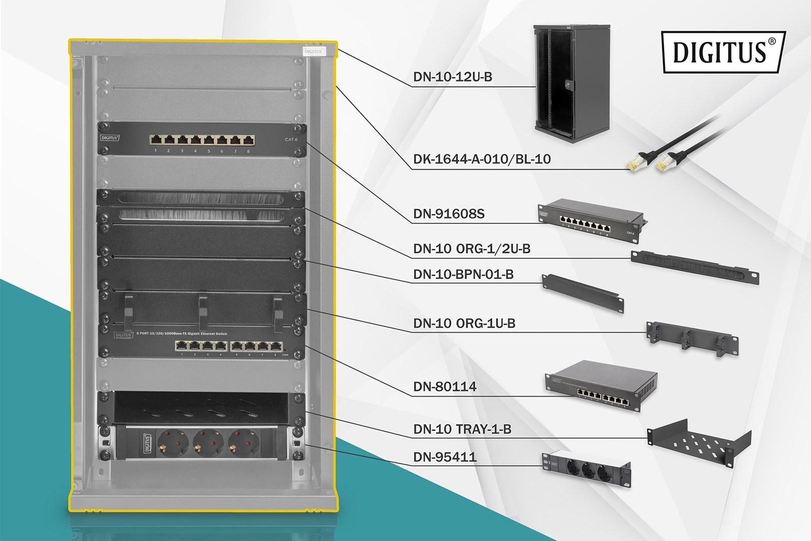 Vægmonteret netværkssæt 12U med hylde og switch - DIGITUS, sort billede