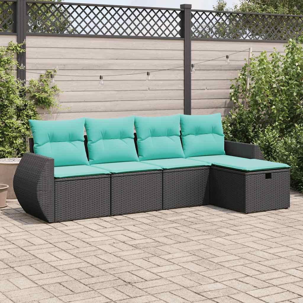 Havesofasæt i polyrattan - 5 dele med opbevaring, sort med blå hynder