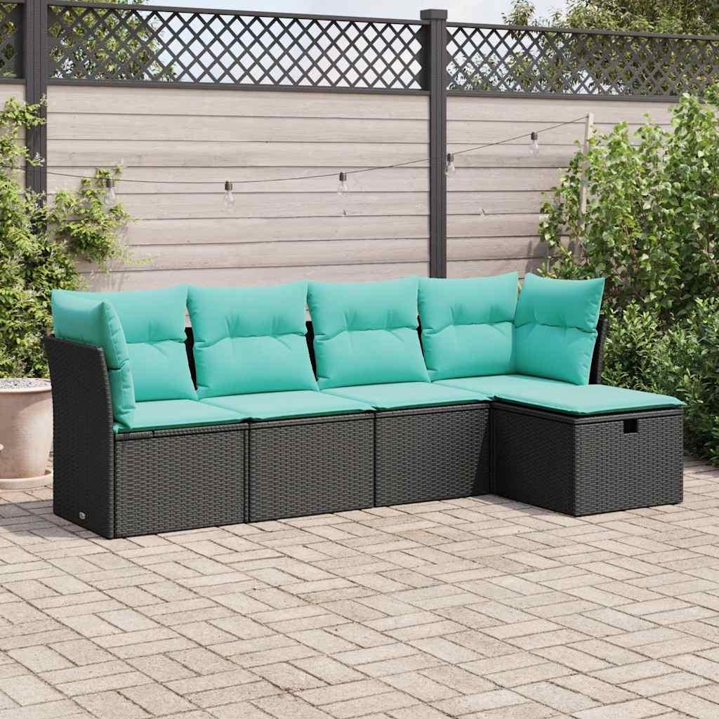 Havesofasæt i polyrattan - 5 dele med opbevaring, sort/blå hynder