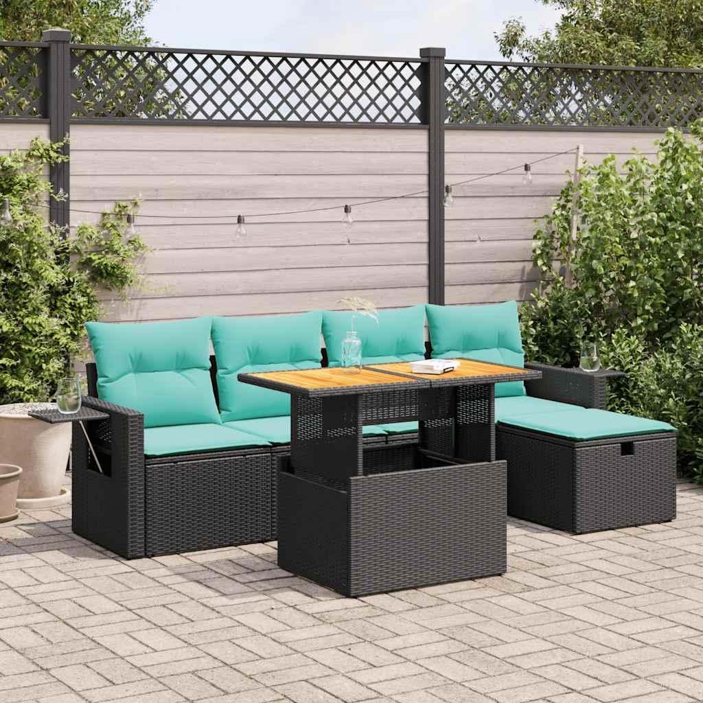 Havesofasæt i polyrattan med akacietræsbord - 6 dele, sort med blå hynder