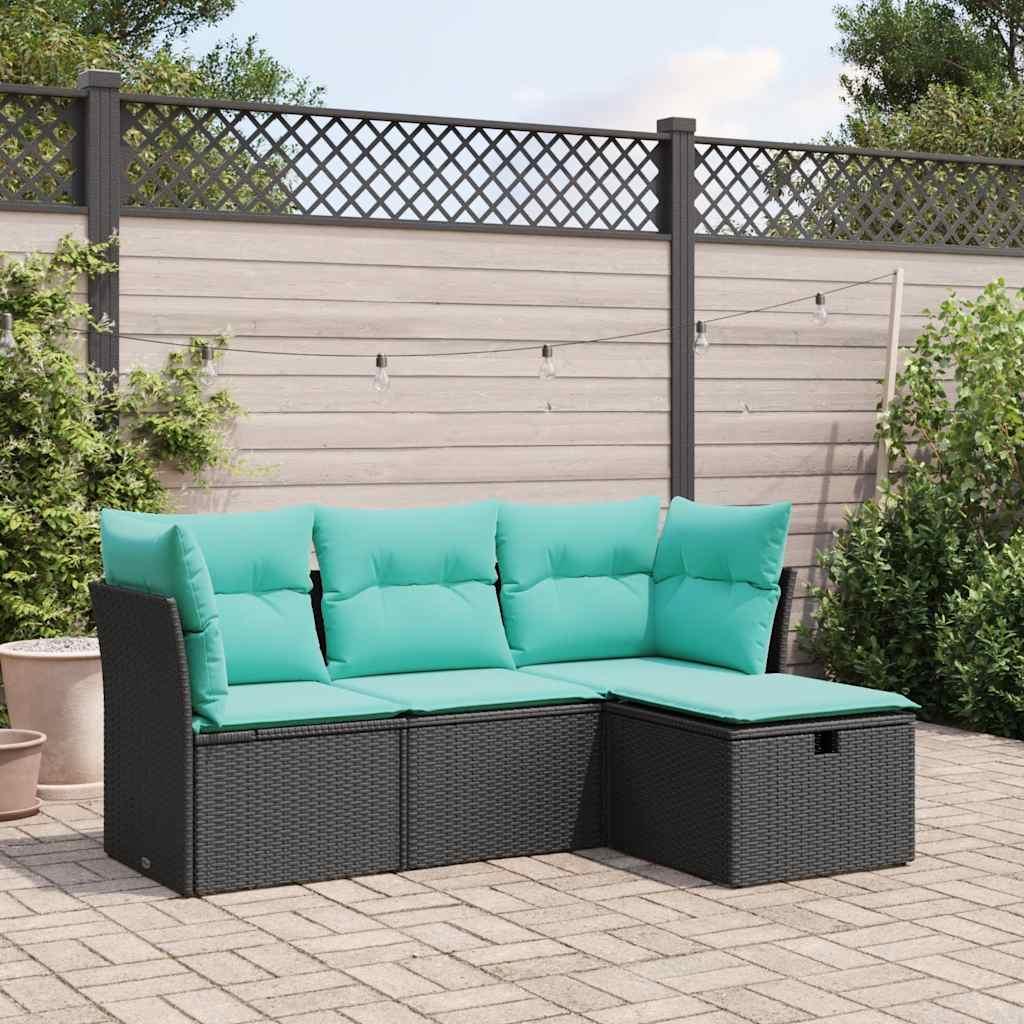 Havesofasæt i polyrattan - 4 dele med opbevaring, sort/blå hynder