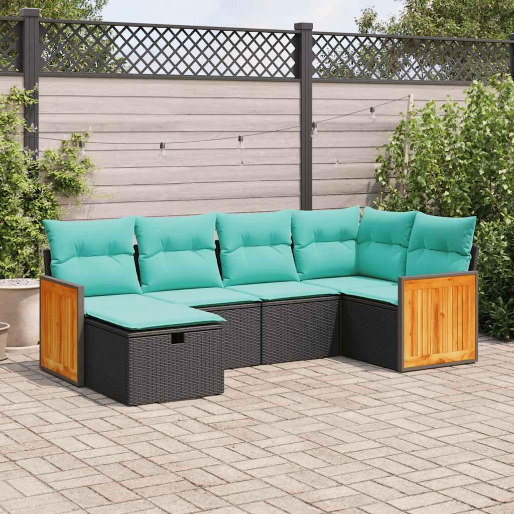Havesofasæt i polyrattan, 6 dele med hynder - sort/blå