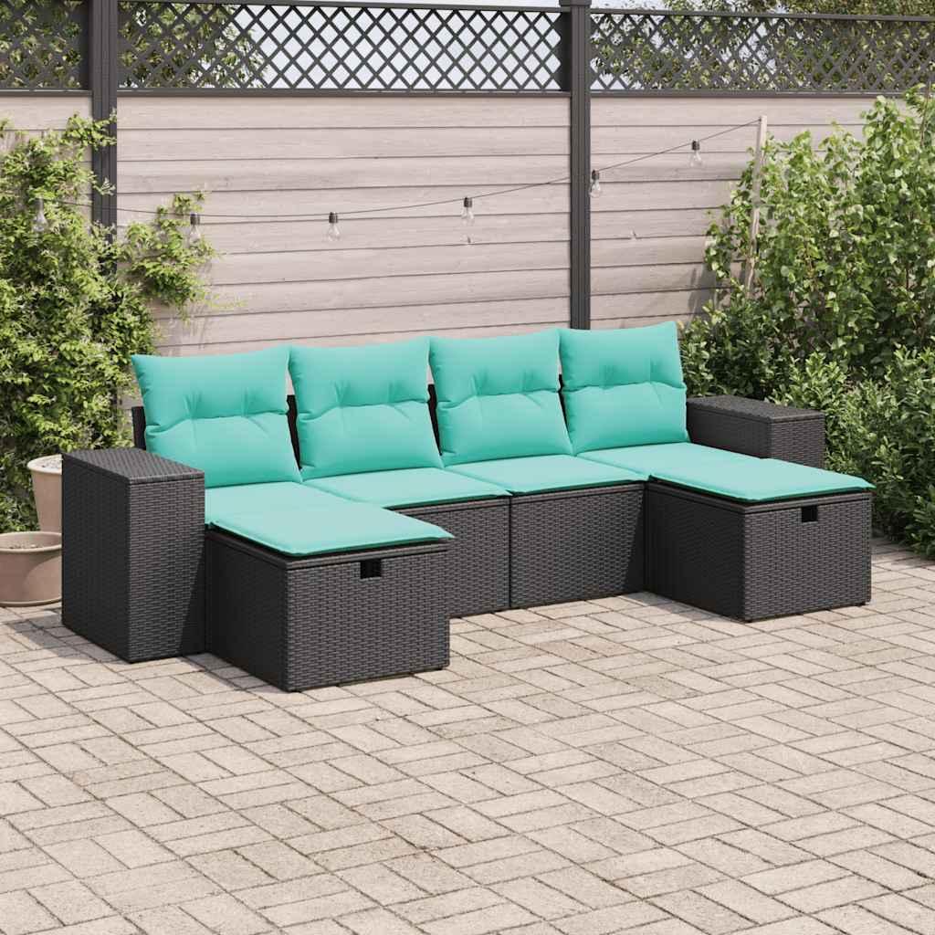 Sofasæt til haven i polyrattan - 6 dele med opbevaring, sort med blå hynder