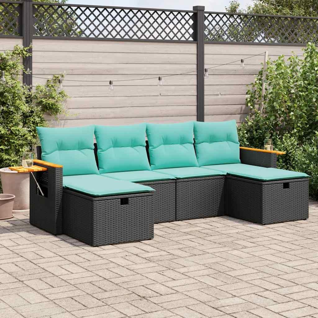 Havesofasæt i polyrattan - 6 dele med opbevaring, sort/blå