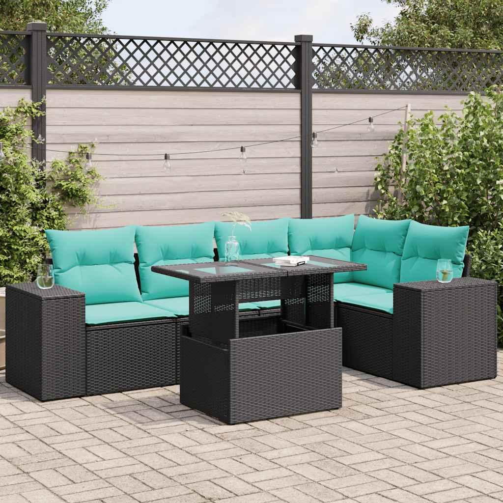 Sofasæt til haven 6 dele med hynder i polyrattan og akacietræ sort