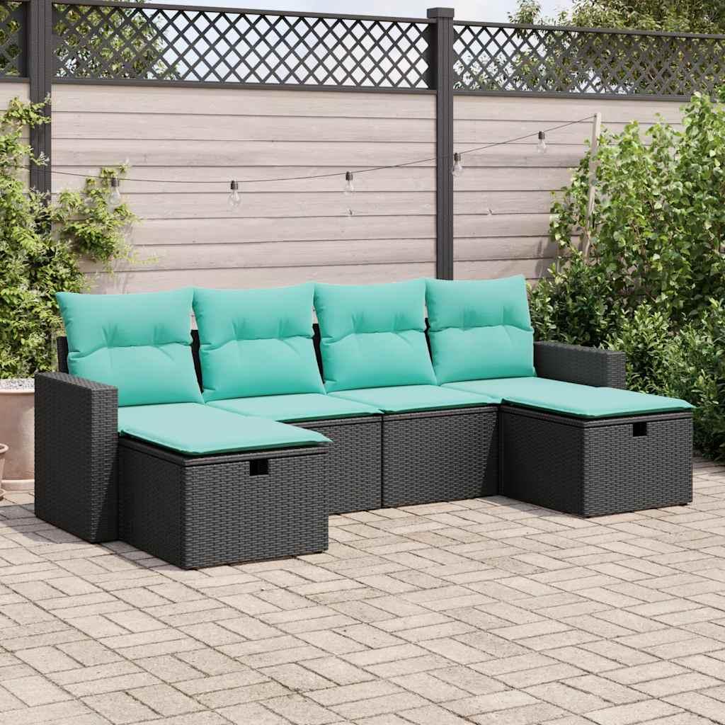 Havesofasæt i polyrattan - 6 dele med opbevaring, sort/blå hynder