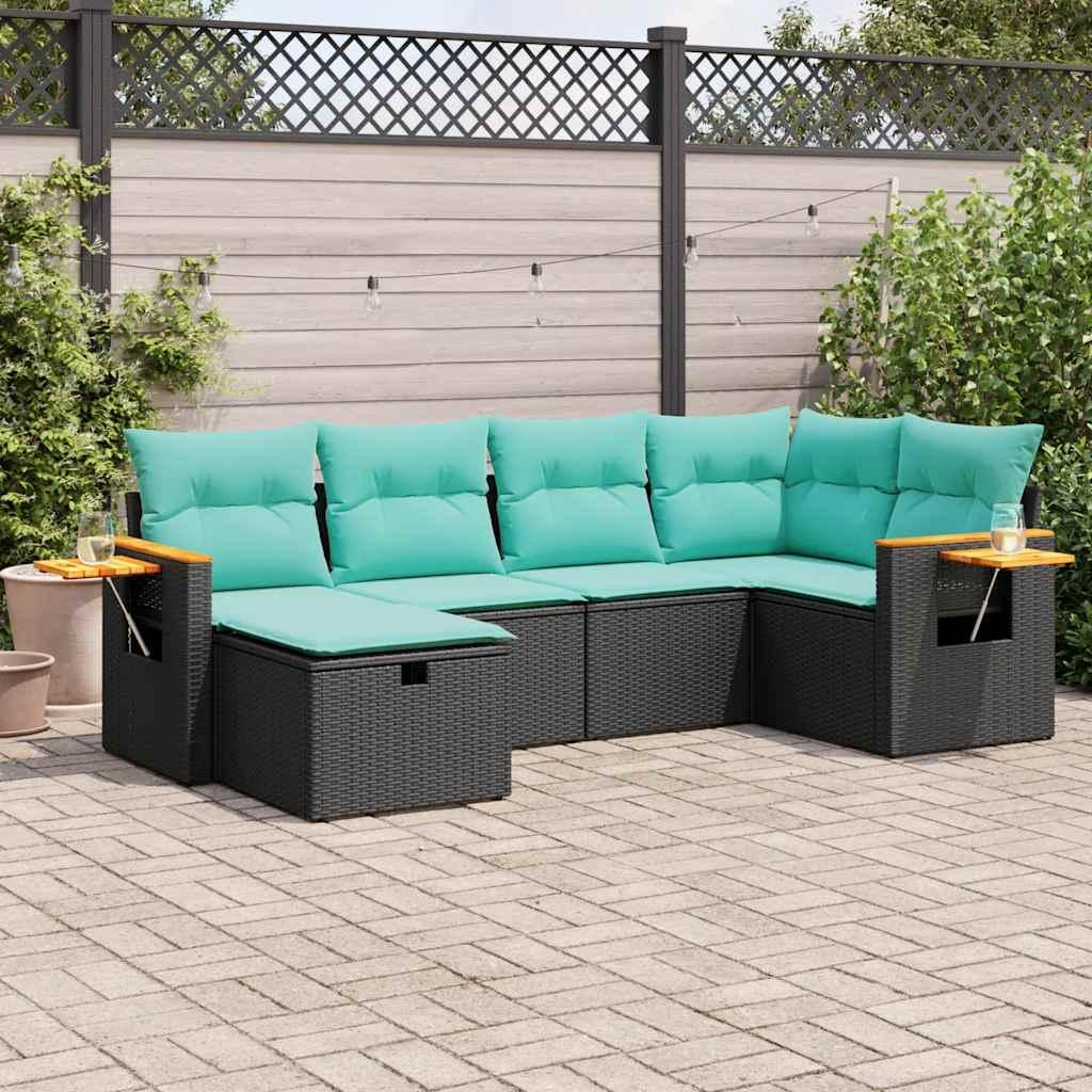 Sofasæt til haven i polyrattan - 6 dele med blå hynder, sort