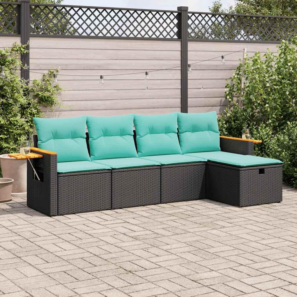 Havesofasæt i polyrattan - 5 dele med opbevaring, sort/blå hynder