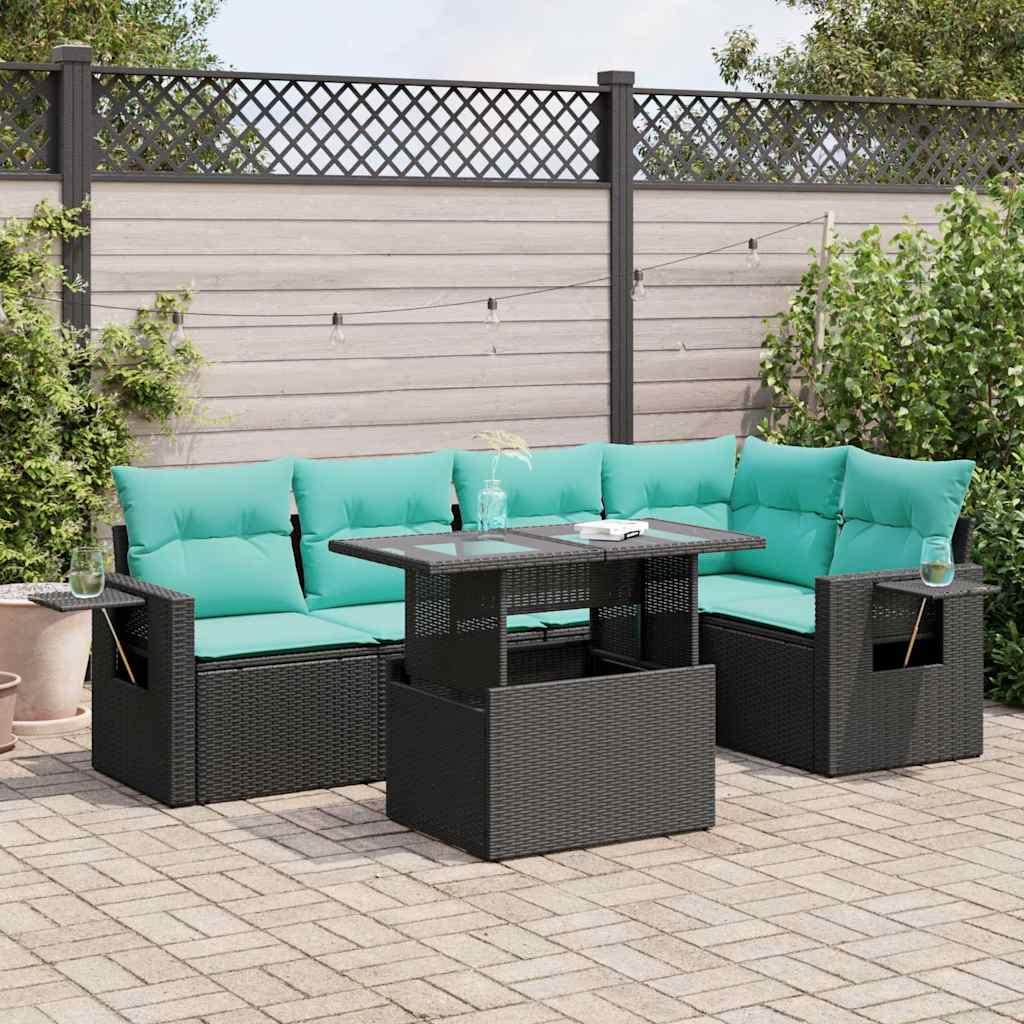 Sofasæt til haven 6 dele med hynder i polyrattan og akacietræ sort