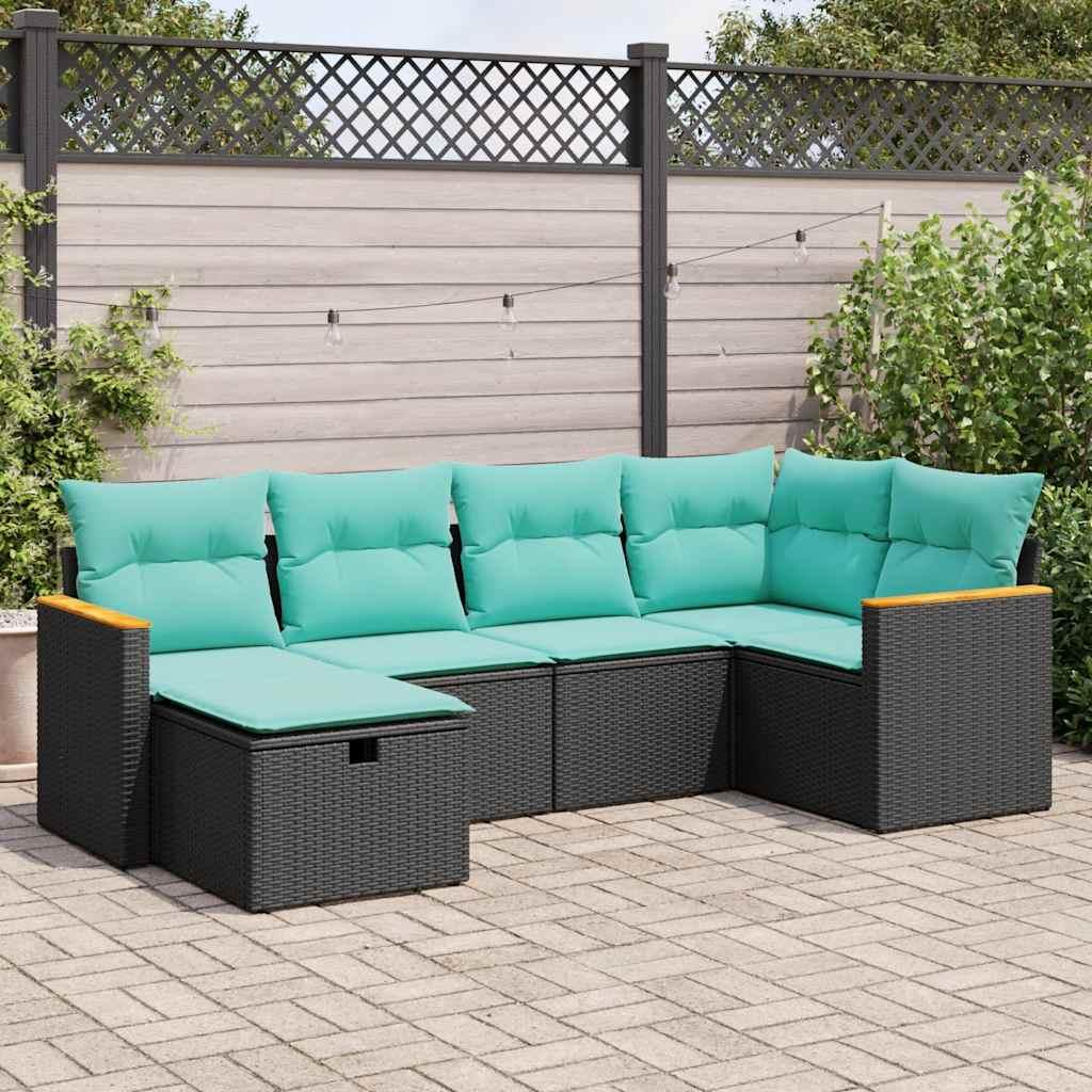 Havesofasæt i polyrattan - 6 dele med opbevaring, sort/blå hynder