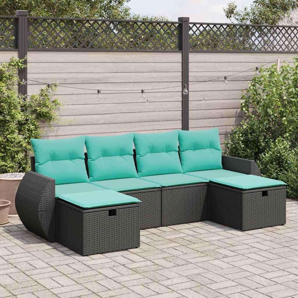 Havesofasæt i polyrattan - 6 dele med hynder, sort/blå
