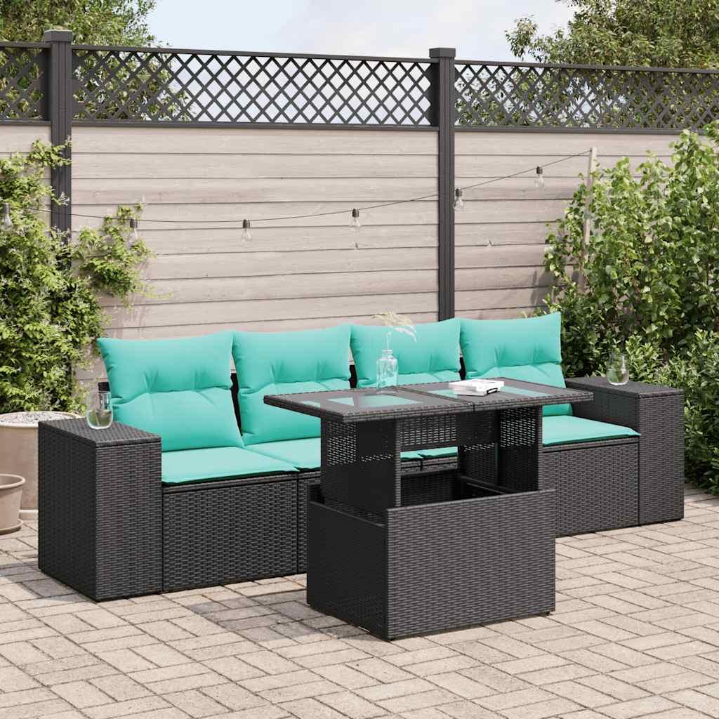 Sofasæt til haven 5 dele med hynder i polyrattan og akacietræ sort