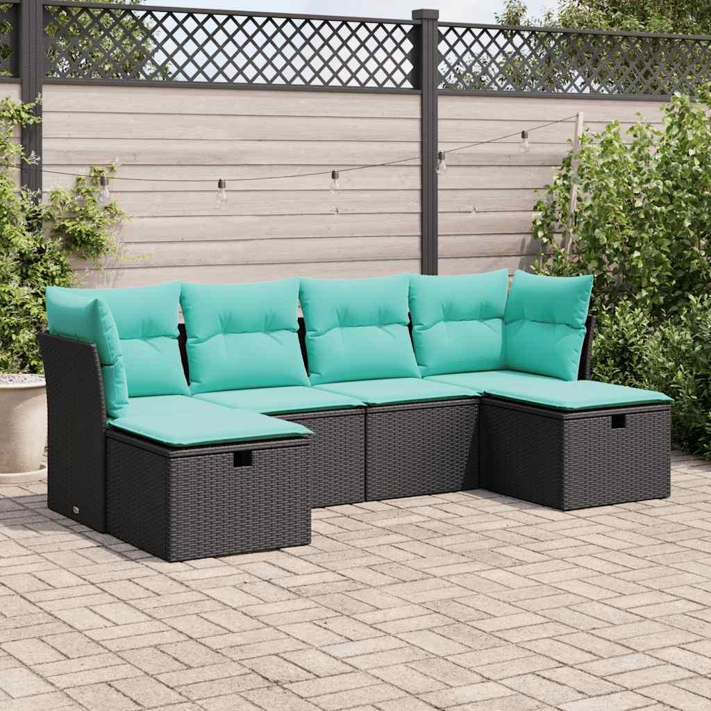 Havesofasæt i polyrattan - 6 dele med opbevaring, sort/blå hynder
