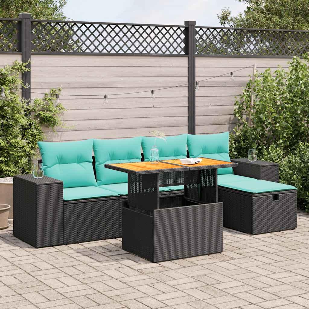 Sofasæt til haven - 6 dele med hynder i polyrattan og bord i akacietræ, brun