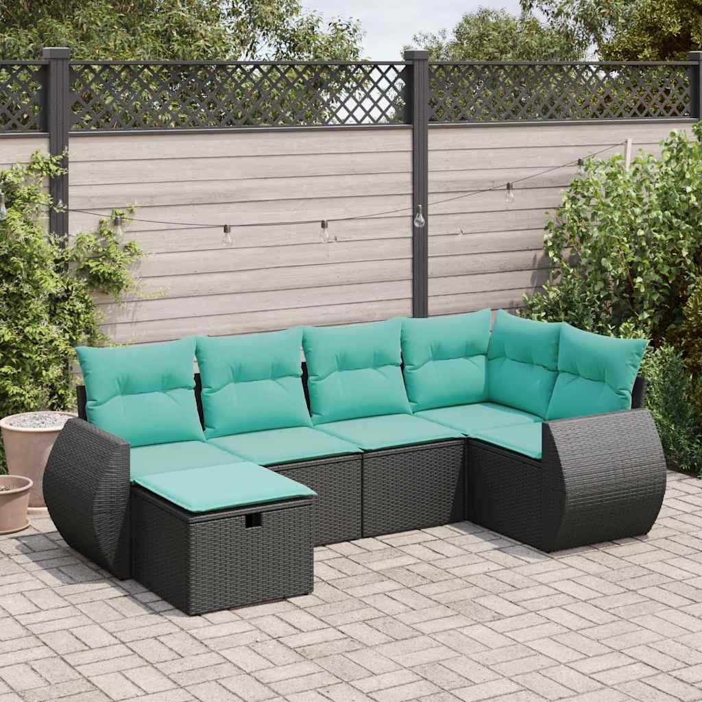 Havesofasæt i polyrattan - 6 dele med opbevaring, sort med blå hynder