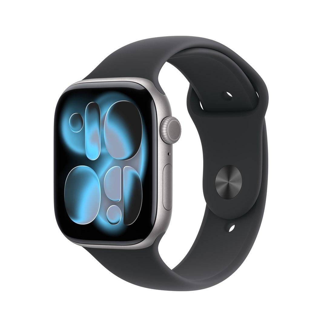Smartwatch Apple Watch Series 11 GPS + Cellular 46 mm – Space Grey aluminium med sort Sport Band (S/M) billede