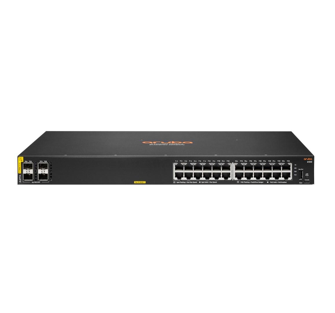Netværksswitch HPE Aruba Networking CX 6100 24G Class4 PoE, 4 SFP+, 370 W, Managed L3, 1U, sort billede