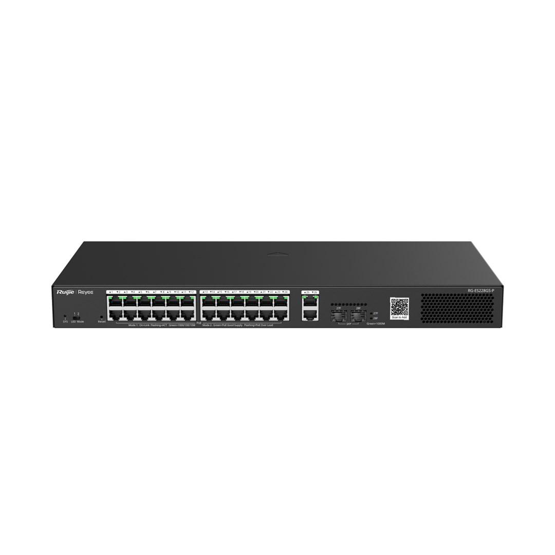 Netværksswitch Gigabit med PoE - Ruijie RG-ES228GS-P (26 porte, 2 SFP), sort