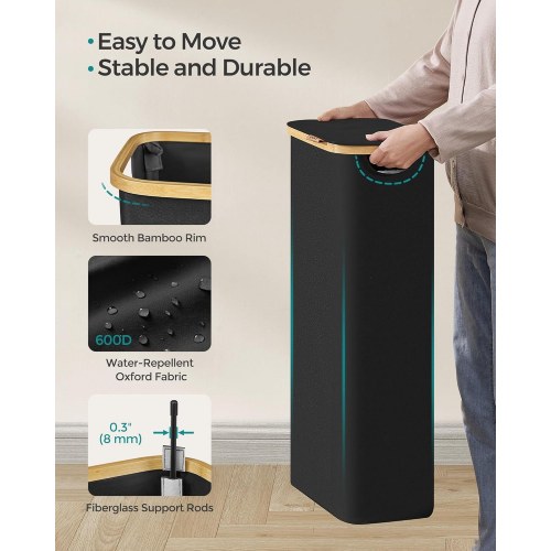 Vasketøjskurv med låg slank 65 l, aftagelig netpose, oxfordstof, bambushåndtag, sammenklappelig, 42 × 22,5 × 70,5 cm, ink sort