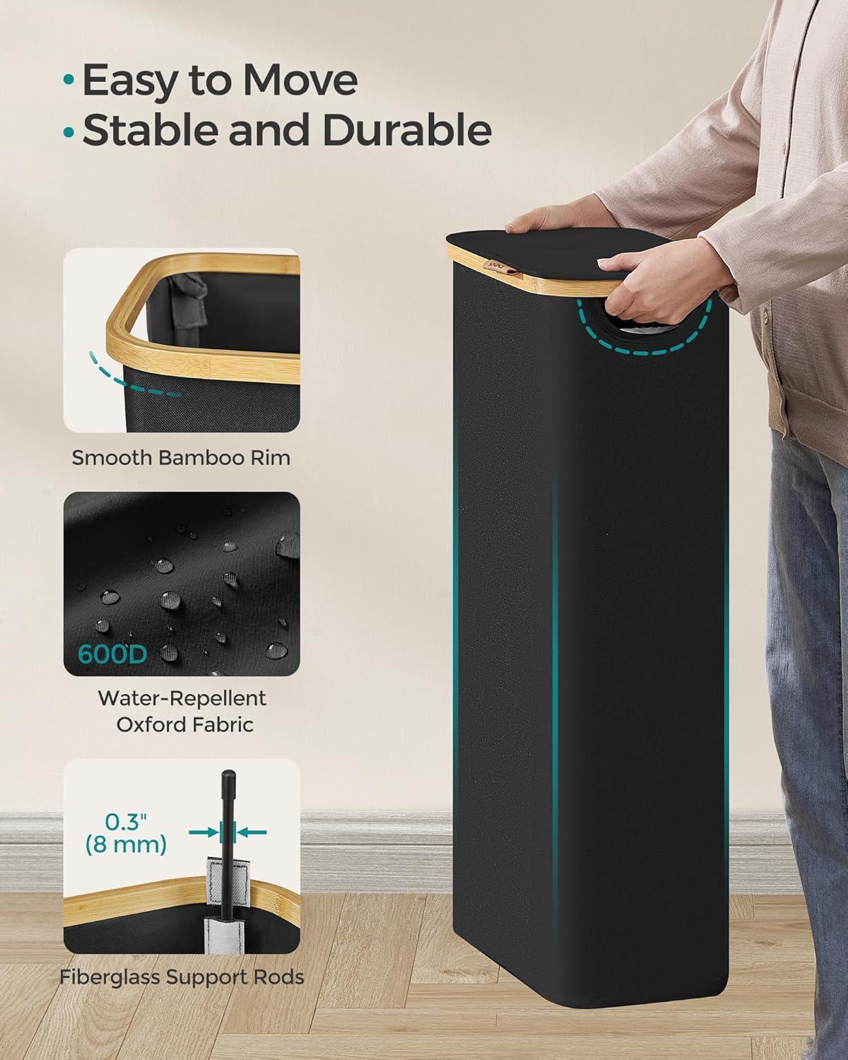 Vasketøjskurv med låg slank 65 l, aftagelig netpose, oxfordstof, bambushåndtag, sammenklappelig, 42 × 22,5 × 70,5 cm, ink sort