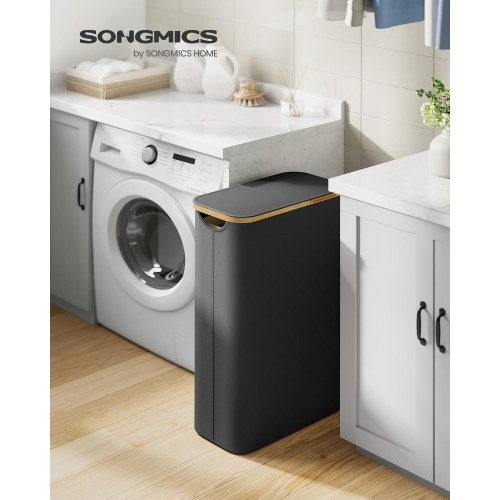 Vasketøjskurv med låg slank 65 l, aftagelig netpose, oxfordstof, bambushåndtag, sammenklappelig, 42 × 22,5 × 70,5 cm, ink sort