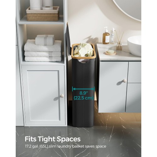 Vasketøjskurv med låg slank 65 l, aftagelig netpose, oxfordstof, bambushåndtag, sammenklappelig, 42 × 22,5 × 70,5 cm, ink sort