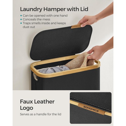 Vasketøjskurv med låg slank 65 l, aftagelig netpose, oxfordstof, bambushåndtag, sammenklappelig, 42 × 22,5 × 70,5 cm, ink sort