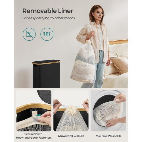 Vasketøjskurv med låg slank 65 l, aftagelig netpose, oxfordstof, bambushåndtag, sammenklappelig, 42 × 22,5 × 70,5 cm, ink sort