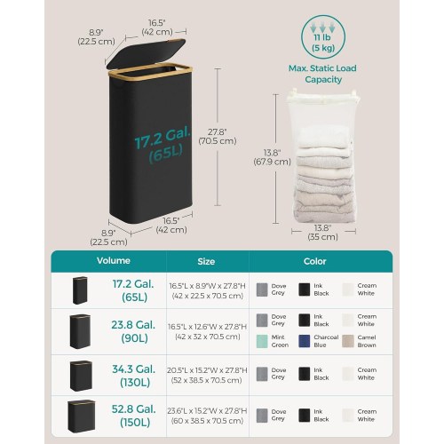 Vasketøjskurv med låg slank 65 l, aftagelig netpose, oxfordstof, bambushåndtag, sammenklappelig, 42 × 22,5 × 70,5 cm, ink sort