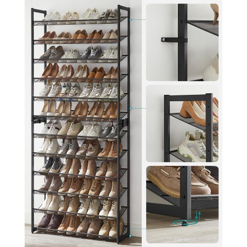 Skoreol 12 niveauer sæt af 2 stabelbare 6-niveaus skostativer, metalnet, stor kapacitet 48–60 par, justerbare hylder, sort