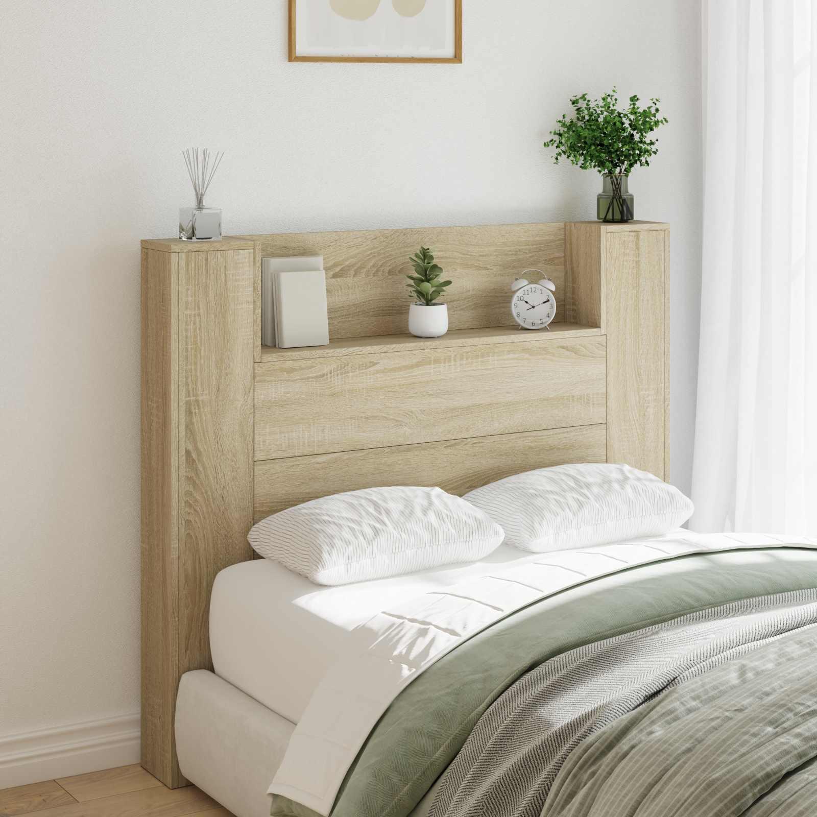 Opbevarings-sengegavl med LED - Sonoma eg, konstrueret træ, 120 cm