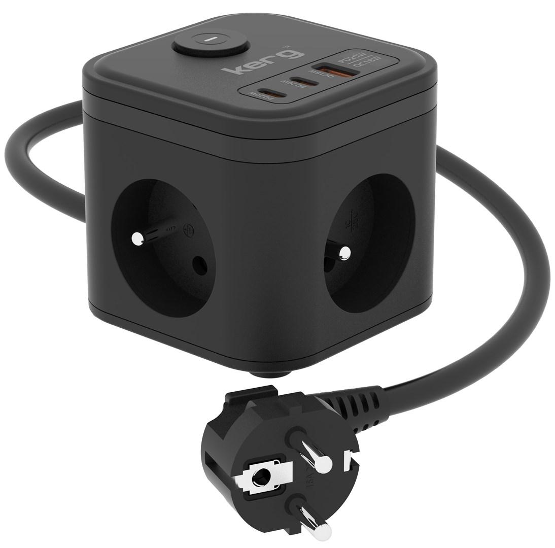 Listwa zasilajaca Kerg Kostka zasilajaca 3-gniazdowa + szybka ladowarka USB-A+USB-C 1,5m 3×1,5mm2 H05VV-F 16A/250V~ Smart czarna