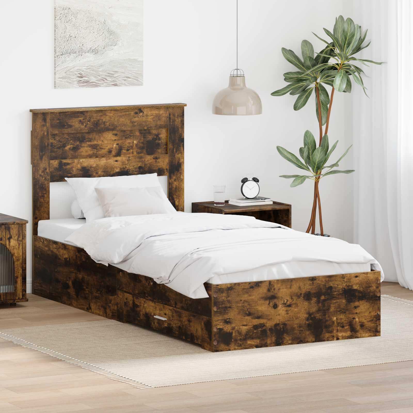 Opbevaringsseng i røget eg/sølv 75 × 190 cm - konstrueret træ