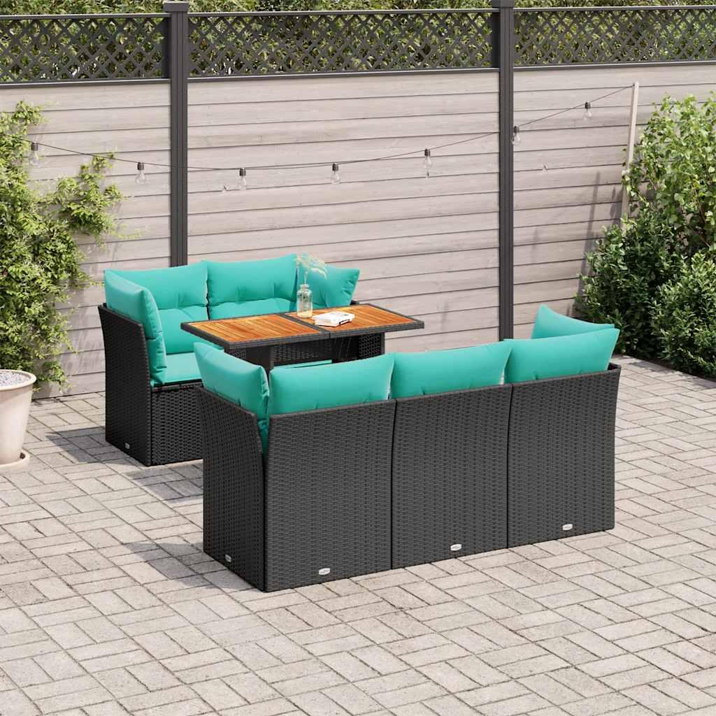 SofasÃ¦t til haven i polyrattan - 6 dele med hynder, sort/blÃ¥