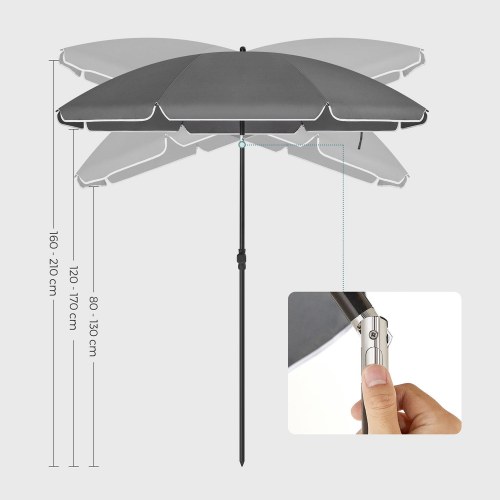 Parasol 1,6 m strandparasol med tilt, UPF 50+, grå