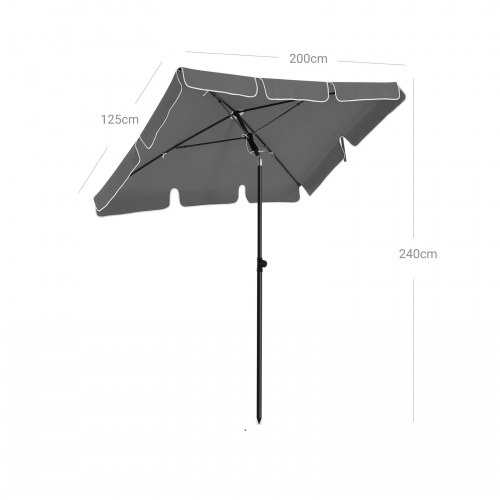 Parasol til altan 2 × 1,25 m rektangulær, vippefunktion, UPF 50+, grå