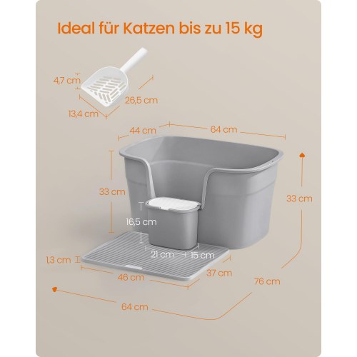 Kattebakke med høje kanter Feandrea, ekstra stor, med grusmåtte, opbevaringsboks og skovl, duegrå