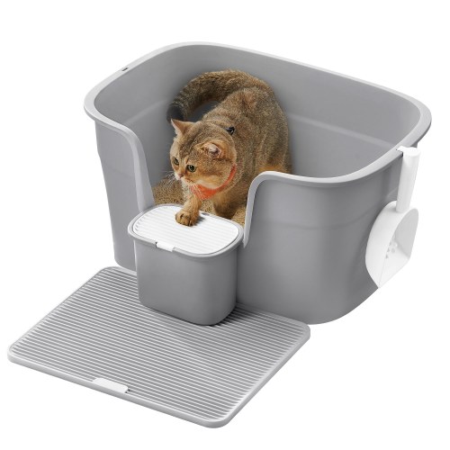 Kattebakke med høje kanter Feandrea, ekstra stor, med grusmåtte, opbevaringsboks og skovl, duegrå