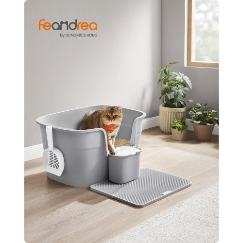 Kattebakke med høje kanter Feandrea, ekstra stor, med grusmåtte, opbevaringsboks og skovl, duegrå