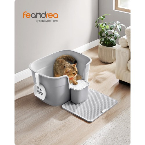 Kattebakke med høje kanter Feandrea, ekstra stor, med grusmåtte, opbevaringsboks og skovl, duegrå